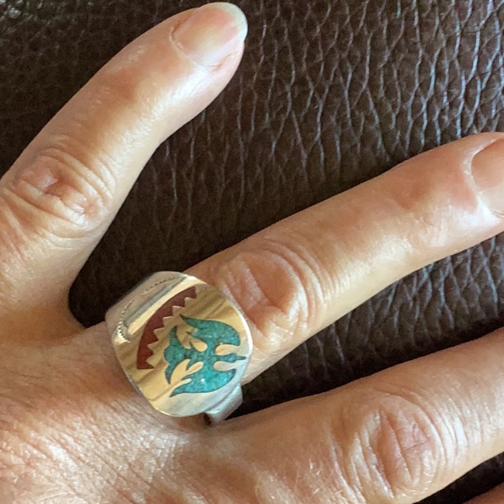 Ring Navajo Made Peyote Bird Not Sterling Silver. turquoise coral chip 11 3/4